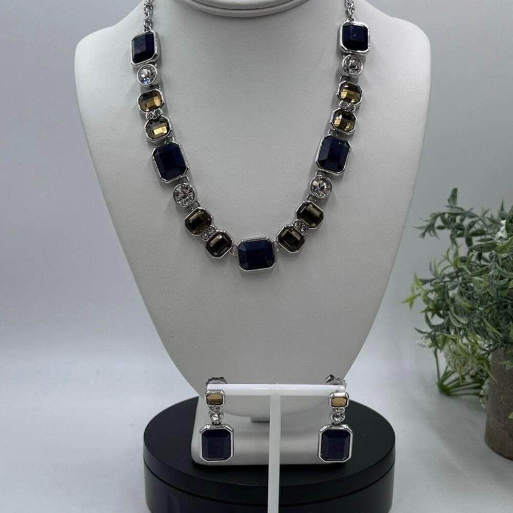 Lia Sophia Drama Club Blue Yellow Rhinestone‎ Silver Tone Necklace Earring Set